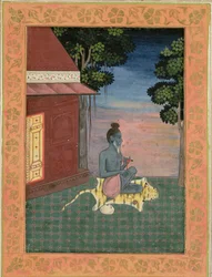 Asceta anziano seduto su una pelle di tigre fuori da un edificio, dal Grande Album Clive, c.1670